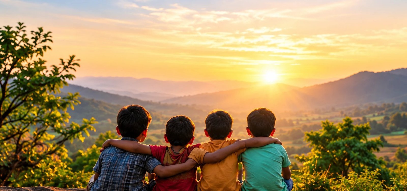 Children sitting together watching the sunrise over green hills